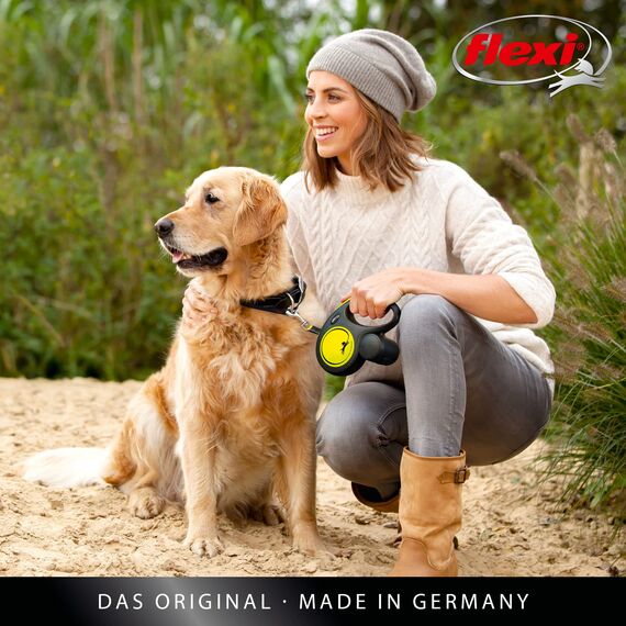 flexi® Neon M Gurt 5 m schwarz/neon-orange, Roll-Leine für Hunde bis 25 kg