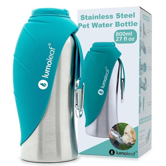 LumoLeaf Hundetrinkflasche für unterwegs, 800ml Edelstahl Trinkflasche Hund, Tragbare Haustier Wasserflasche, Hunde Wasserspender Reise Zubehör für Wandern und Campen (Blau)