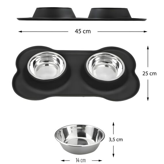 Retoo Doppel Futternapf mit Napfunterlage aus Silikon, Hundenapf Edelstahl 400ml, Rutschfesten Silikon Tablett Matte, Katzennapf, Schüssel Lebensmittel Wassernapf Schwarz