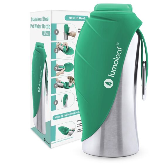 LumoLeaf Hundetrinkflasche für unterwegs, 800ml Edelstahl Trinkflasche Hund, Tragbare Haustier Wasserflasche, Hunde Wasserspender Reise Zubehör für Wandern und Campen (Grün)