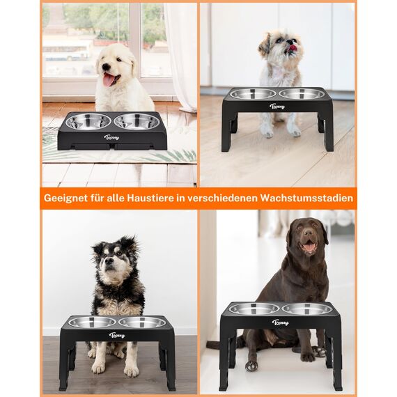 Toozey Hundenapf, Futternapf für Hunde, Höhenverstellbar, mit 2 Edelstahl-Schüsseln von 1200 ml, Hundenapf Erhöht für Mittelgroße und Große Hunde, 4 Höhenverstellbare Fütterung, Schwarz