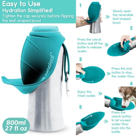 LumoLeaf Hundetrinkflasche für unterwegs, 800ml Edelstahl Trinkflasche Hund, Tragbare Haustier Wasserflasche, Hunde Wasserspender Reise Zubehör für Wandern und Campen (Blau)