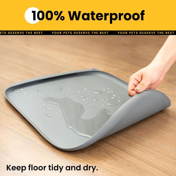 Conlun HundenapfMatte mit Seitentasche & Aufhängeöse – Weiche Erhöhte Kanten, Leicht zu Reinigen, wasserdichte rutschfeste Silikon-Fressmatte für Katzen und Hunde (46x30 cm Grau)