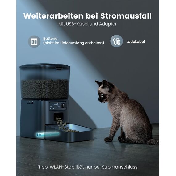 oneisall 3.5L Futterautomat Katze, WiFi Intelligenter Katzenfutter Automat, APP-Steuerung, 1-12 Mahlzeiten pro Tag, Futterspender für Katzen/Hunde, mit Edelstahlnapf (Schwarz)