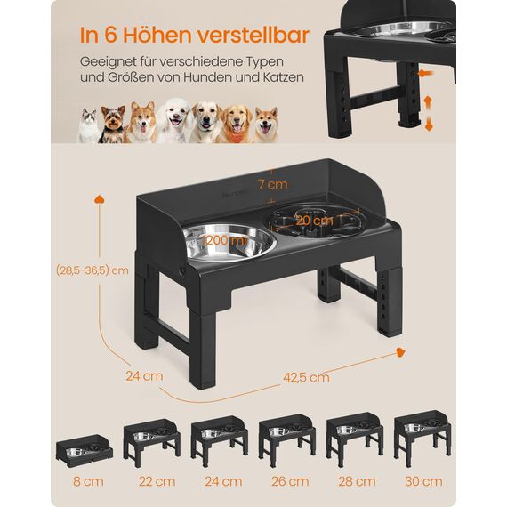 Feandrea Hundenapf erhöht, Futternapf mit Gestell, Fressnäpfe, höhenverstellbar und neigbar, Futterstation, 2 Näpfe aus Edelstahl 304, 1 Napf für EIN langsames Fressen, tintenschwarz PRB103B01