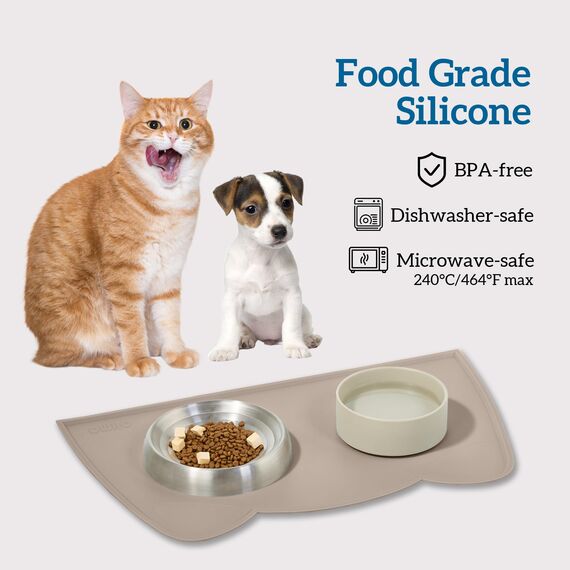 OHMO Napfunterlage für Kleine Hunde und Katze, 46x25cm, Unterlage für Katzennapf, rutschfeste Futterunterlage aus Silikon, Wasserdicht, Beige