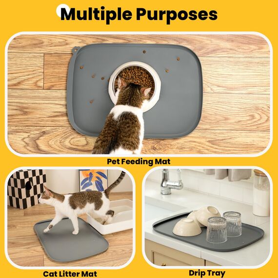 Conlun HundenapfMatte mit Seitentasche & Aufhängeöse – Weiche Erhöhte Kanten, Leicht zu Reinigen, wasserdichte rutschfeste Silikon-Fressmatte für Katzen und Hunde (46x30 cm Grau)
