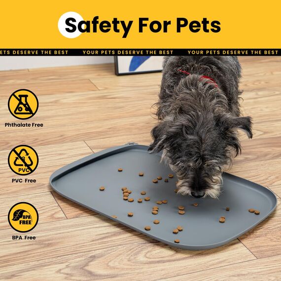 Conlun HundenapfMatte mit Seitentasche & Aufhängeöse – Weiche Erhöhte Kanten, Leicht zu Reinigen, wasserdichte rutschfeste Silikon-Fressmatte für Katzen und Hunde (46x30 cm Grau)