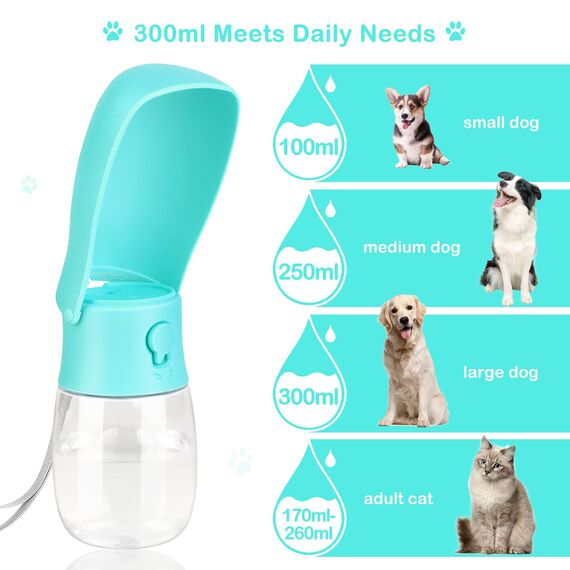 JOPHEK 300ml Tragbare Haustier Trinkflasche, 180°Faltbare Hund Katze Haustiere Auslaufsicher Wasserflasche, Hunde Katzen Flasche mit Aktivkohlefilter für Täglich Spazieren Gehen Reisen Campen