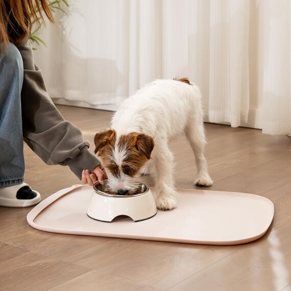 Conlun HundenapfMatte mit Seitentasche & Aufhängeöse – Weiche Erhöhte Kanten, Leicht zu Reinigen, wasserdichte rutschfeste Silikon-Fressmatte für Katzen und Hunde (60x40 cm Natur-Tan)