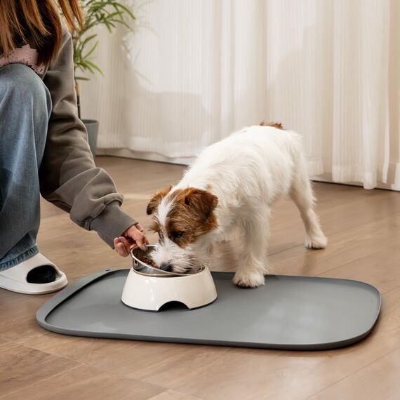 Conlun HundenapfMatte mit Seitentasche & Aufhängeöse – Weiche Erhöhte Kanten, Leicht zu Reinigen, wasserdichte rutschfeste Silikon-Fressmatte für Katzen und Hunde (60x40 cm Grau)