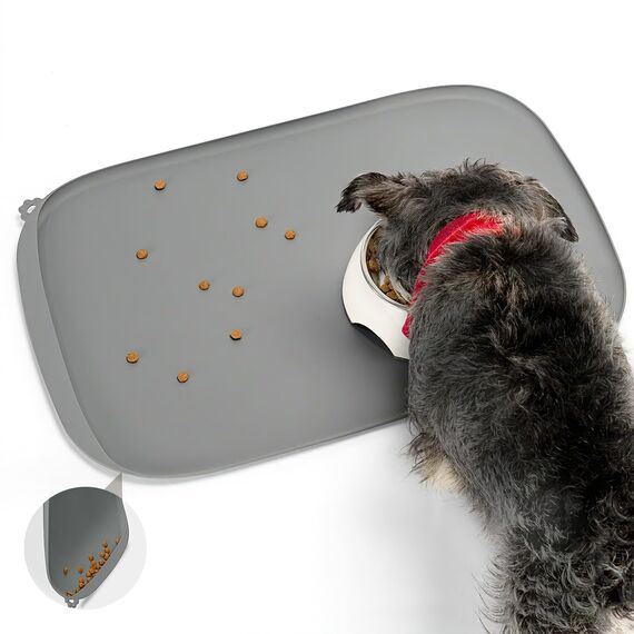 Conlun HundenapfMatte mit Seitentasche & Aufhängeöse – Weiche Erhöhte Kanten, Leicht zu Reinigen, wasserdichte rutschfeste Silikon-Fressmatte für Katzen und Hunde (60x40 cm Grau)