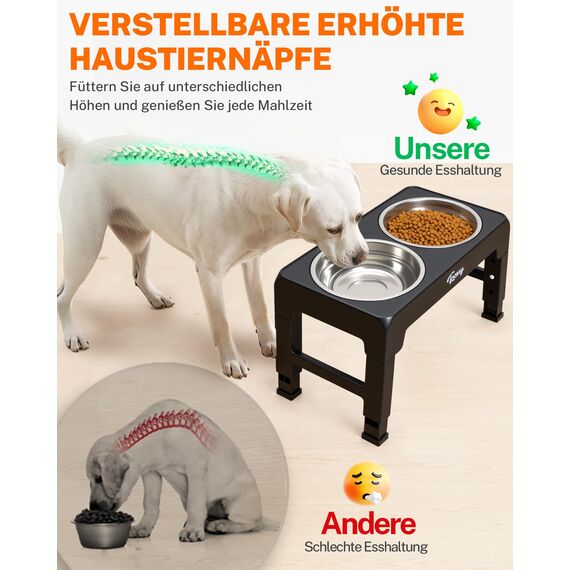 Toozey Hundenapf, Futternapf für Hunde, Höhenverstellbar, mit 2 Edelstahl-Schüsseln von 1200 ml, Hundenapf Erhöht für Mittelgroße und Große Hunde, 4 Höhenverstellbare Fütterung, Schwarz