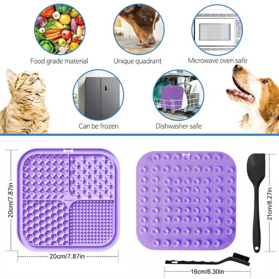 Lesipee Leckmatte für Hunde/Katzen, Langsamfütterer, Angstlöser, Hundespielzeug-Futtermatte, für Butter, Joghurt, Erdnussbutter, Baden, Fellpflege, Training, Beruhigungsmatte, 2er-Pack (Cyan & Lila)