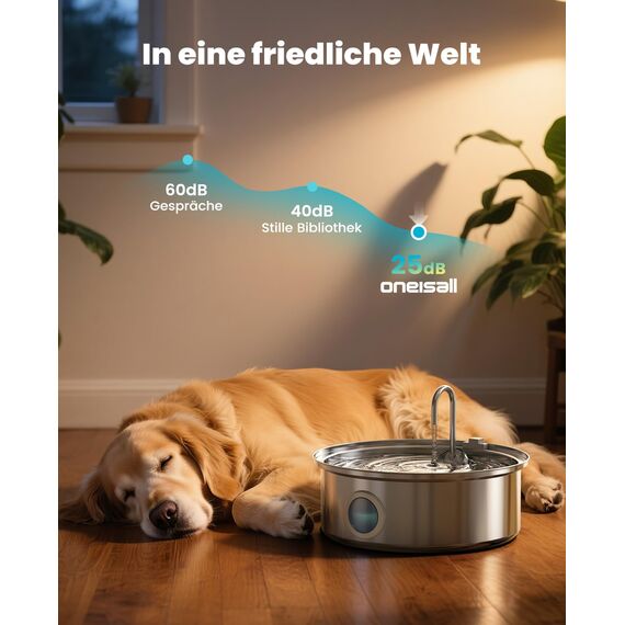 oneisall 7L Trinkbrunnen für Hunde, Edelstahl Hundebrunnen mit großem Sichtfenster, Wasserspender mit LED-Licht, Ultraleiser Pumpe mit Überlastschutz, 5-Schicht Filtration