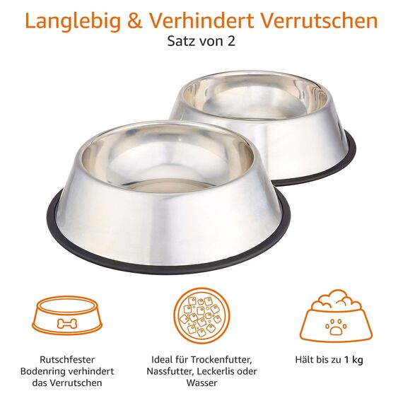 Amazon Basics Hundenapf, Edelstahl, 2 Stück, 946ml, Silberfarben