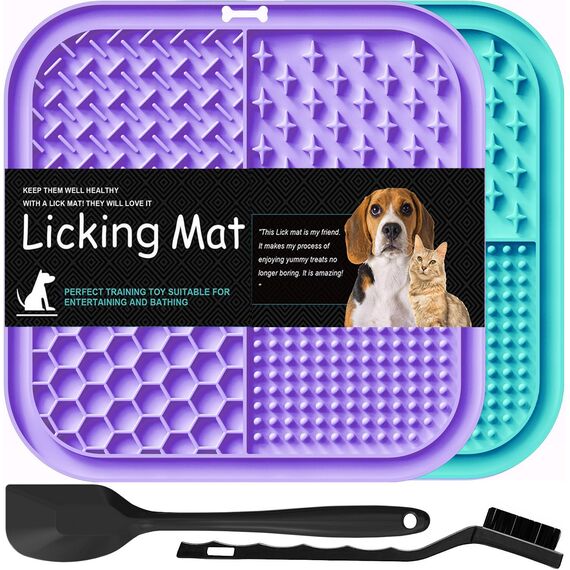 Lesipee Leckmatte für Hunde/Katzen, Langsamfütterer, Angstlöser, Hundespielzeug-Futtermatte, für Butter, Joghurt, Erdnussbutter, Baden, Fellpflege, Training, Beruhigungsmatte, 2er-Pack (Cyan & Lila)