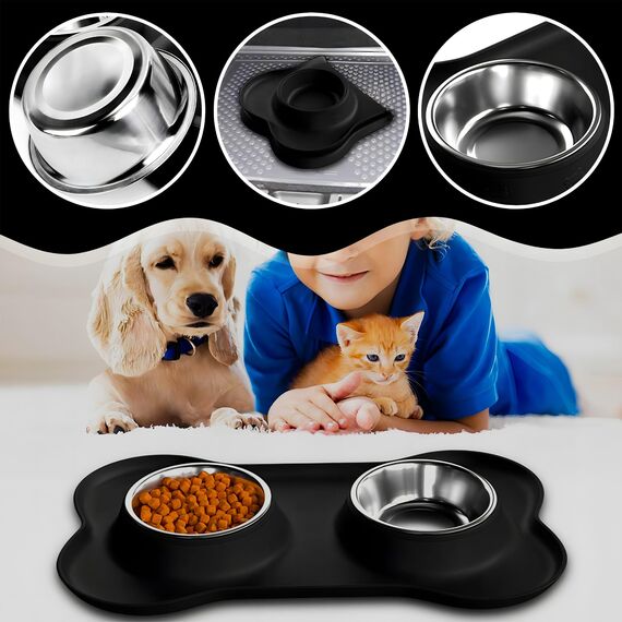 Retoo Doppel Futternapf mit Napfunterlage aus Silikon, Hundenapf Edelstahl 400ml, Rutschfesten Silikon Tablett Matte, Katzennapf, Schüssel Lebensmittel Wassernapf Schwarz