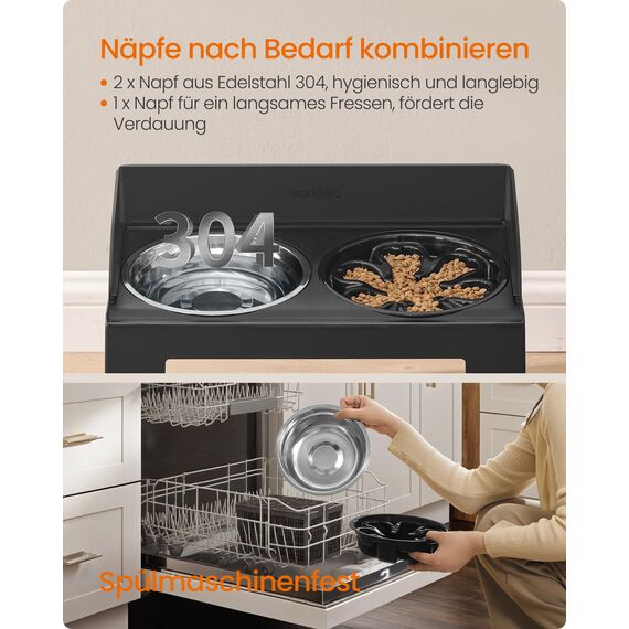 Feandrea Hundenapf erhöht, Futternapf mit Gestell, Fressnäpfe, höhenverstellbar und neigbar, Futterstation, 2 Näpfe aus Edelstahl 304, 1 Napf für EIN langsames Fressen, tintenschwarz PRB103B01
