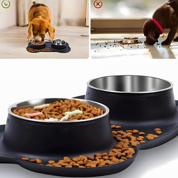 Retoo Doppel Futternapf mit Napfunterlage aus Silikon, Hundenapf Edelstahl 400ml, Rutschfesten Silikon Tablett Matte, Katzennapf, Schüssel Lebensmittel Wassernapf Schwarz