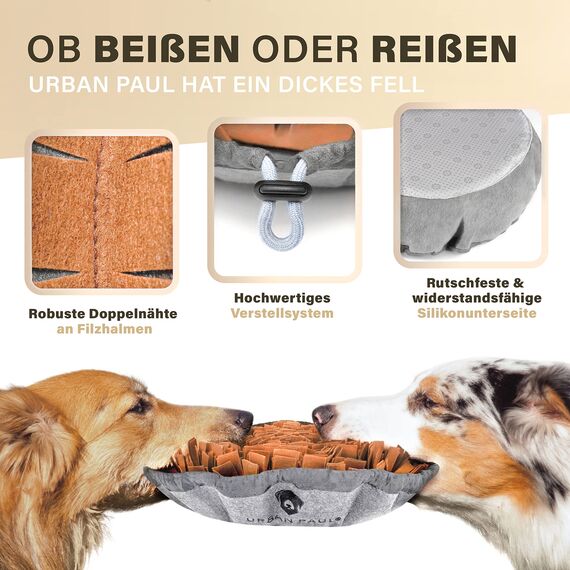 URBAN PAUL Schnüffelteppich für Hunde - Beste Materialien - extrem widerstandsfähiges Hundespielzeug - größenverstellbar und waschbar (grau)