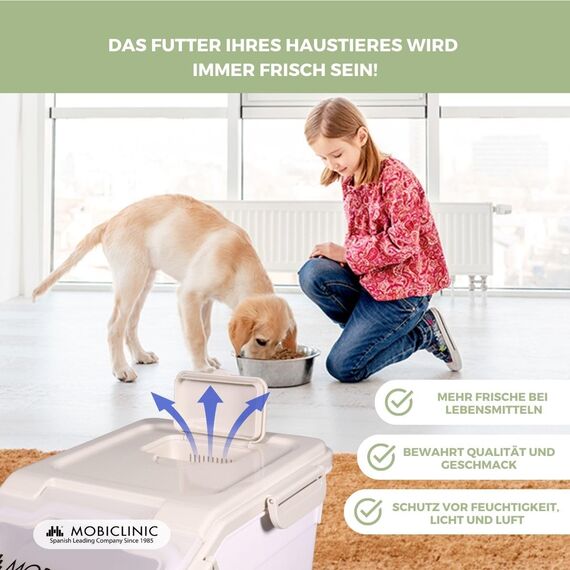 Mobiclinic® pets, Futterbehälter, Für haustiere, Feedpet, Fassungsvermögen 20L / 8Kg, Hermetischer verschluss, 23x25, 5x36, 5cm, Inkl. schaufel und messbecher, Mit rädern, Klarsichtfenster