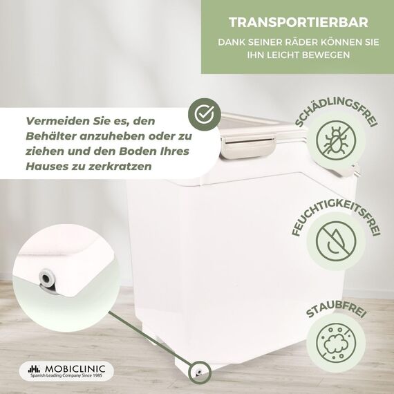 Mobiclinic® pets, Futterbehälter, Für haustiere, Feedpet, Fassungsvermögen 20L / 8Kg, Hermetischer verschluss, 23x25, 5x36, 5cm, Inkl. schaufel und messbecher, Mit rädern, Klarsichtfenster