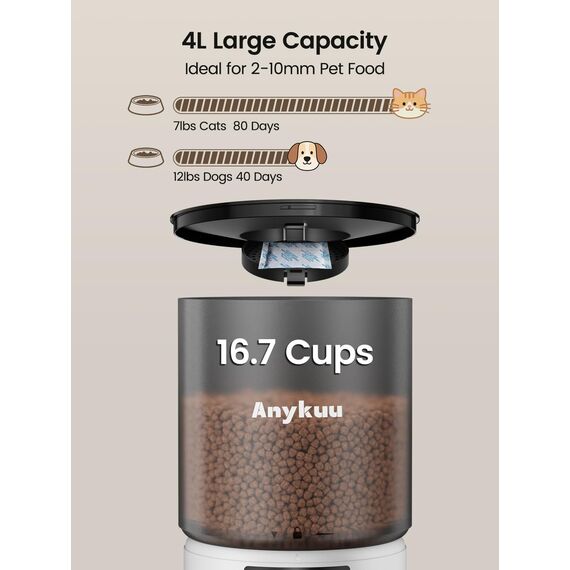 Anykuu Futterautomat Katze & Hund 4L Pet Feeder Cat mit Timer & Portionskontrolle 1-6 Mahlzeiten pro Tag Trockenfutterspender Hunde mit 10s Aufnahmefunktion für Kleine/Mittlere Haustiere