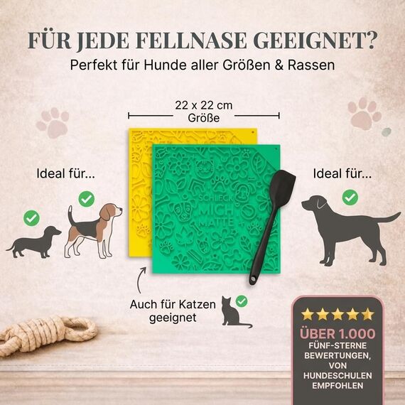 HUND IST KÖNIG Leckmatte Hund mit patentierter Struktur + Saugnäpfe, Schleckmatte Hund 22x22cm [2 Stück] inkl. Spatel + Rezepte-Ebook, Hunde Leckmatte lebensmittelecht & spülmaschinenfest