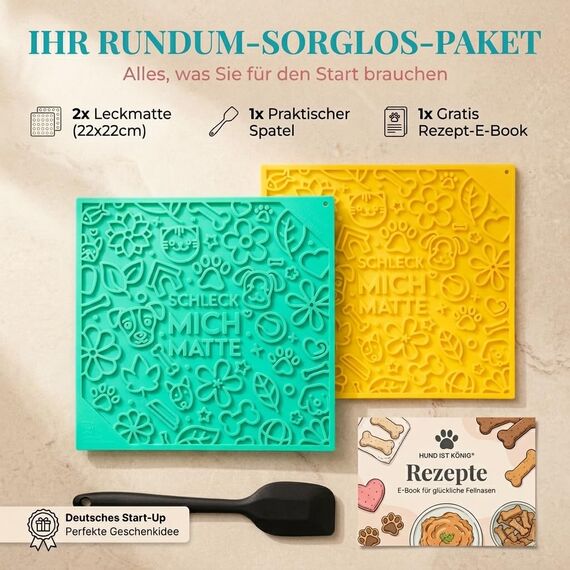 HUND IST KÖNIG Leckmatte Hund mit patentierter Struktur + Saugnäpfe, Schleckmatte Hund 22x22cm [2 Stück] inkl. Spatel + Rezepte-Ebook, Hunde Leckmatte lebensmittelecht & spülmaschinenfest