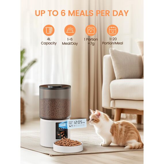 Futterautomat Katze 4 L, Katzenfutter Automat mit Timer 1-6 Mahlzeiten/Tag, Automatischer Futterspender für Katzen & Hunde, Pet Feeder Cat mit Sprachaufnahme 10 Sekunden für kleine/mittlere Haustiere