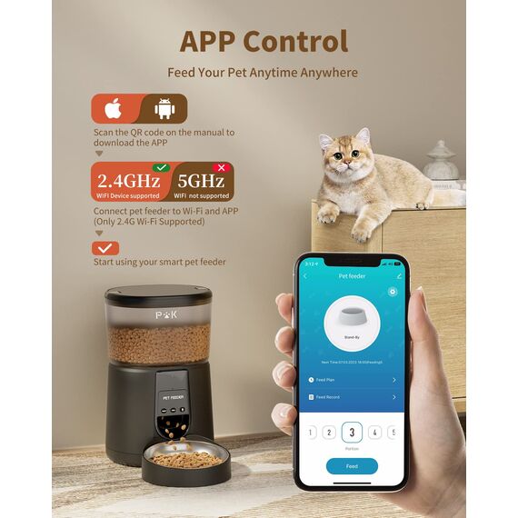 PUPPY KITTY Futterautomat Katze & Hund, 2,4 G WiFi intelligenter Katzenfutter Automat mit Edelstahlnapf für Trockenfutter, App-Steuerung, Sprachaufzeichnung, 1-10 Mahlzeiten pro Tag