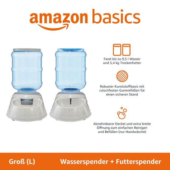 Amazon Basics Futter- und Wasserspender für Hunde, 2.5 Gallons, Größe L, Weiß, Klar