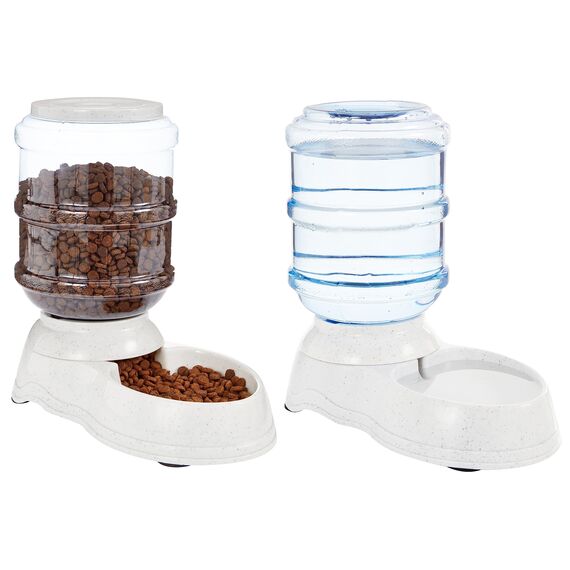 Amazon Basics 2 Stück, Hundefutter- und Wasserspender, Futter- und Wasserspender für Haustiere, Größe S, Klar, Grau