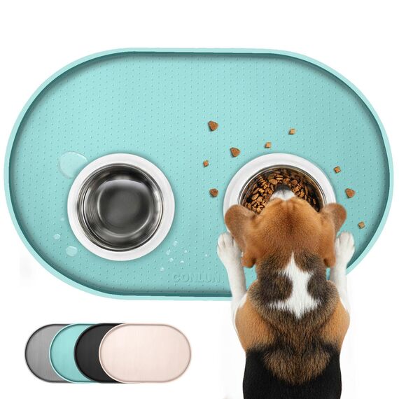 Conlun Napfunterlage Hund,1,2cm Hohe Ränder Futtermatte Katzen zur Vermeidung von Verschüttungen,BPA-Freie Silikonmatte mit Rand Gummi-Hundenapf Unterlage für Futter-und Wassernäpfe(Türkis,48x30cm)LVS