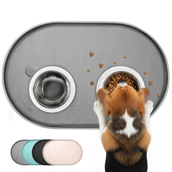 Conlun Napfunterlage Hund,1,2cm Hohe Ränder Futtermatte Katzen zur Vermeidung von Verschüttungen,BPA-Freie Silikonmatte mit Rand Gummi-Hundenapf Unterlage für Futter- und Wassernäpfe(Grau,48x30 cm)GR
