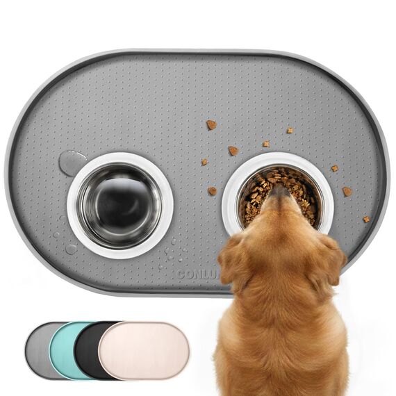 Conlun Napfunterlage Hund,1,2cm Hohe Ränder Futtermatte Katzen zur Vermeidung von Verschüttungen,BPA-Freie Silikonmatte mit Rand Gummi-Hundenapf Unterlage für Futter- und Wassernäpfe(Grau,81x51 cm)