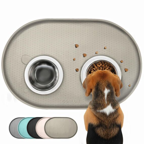 Conlun Napfunterlage Hund,1,2cm Hohe Ränder Futtermatte Katzen zur Vermeidung von Verschüttungen,BPA-Freie Silikonmatte mit Rand Gummi-Hundenapf Unterlage für Futter-und Wassernäpfe(Taupe,60x40cm)