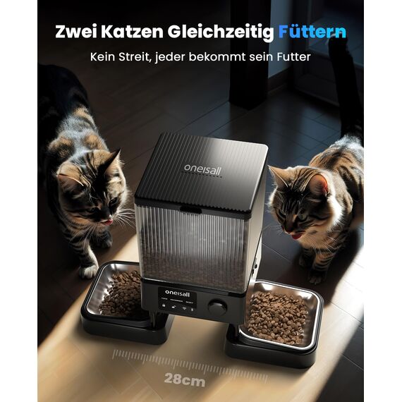 oneisall 5L Futterautomat Katze 2 Näpfe, 5G/2.4G WiFi Intelligenter Katzenfutter Automat, Einfache Bedienung mit APP-Steuerung, Futterspender für Katzen/Hunde, mit 2 Edelstahlschüssel, Voice Recorder