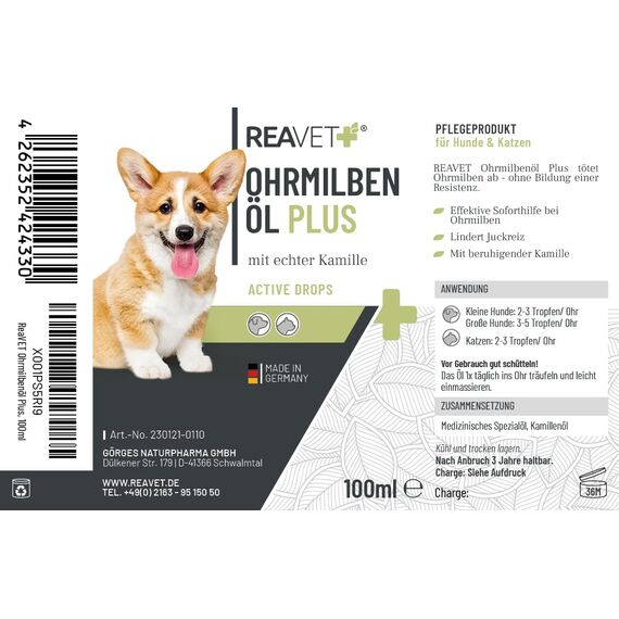 ReaVET Ohrmilbenöl Plus 100ml sofort wirksames Mittel für Hunde – gegen Ohrmilben mit Kamille, Sanfte Pflege bei Juckreiz im Ohr, Ohrentropfen Milben, Ohrenreiniger