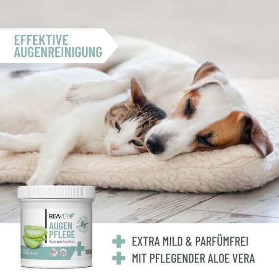 ReaVET Augenpflege Hund 100 Stück – Augenpads I Sanfter Augenreiniger für Hunde & Katzen, Milde & Schonende Reinigungstücher mit Augentrost, Tränenfleckentferner ohne Reizen, Augen Reinigungspads