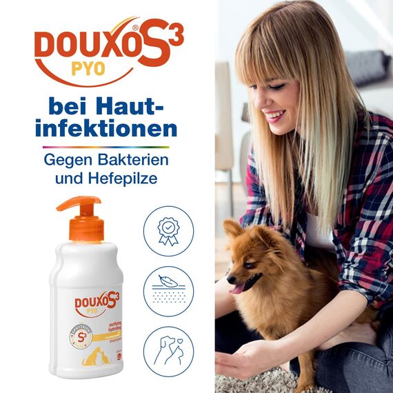 DOUXO S3 PYO Shampoo |für Hunde & Katzen |Tiershampoo Pflege gegen Bakterien & Hefepilze | Reinigend & Feuchtigkeitsspendend | Hypoallergener Duft | 200 ml
