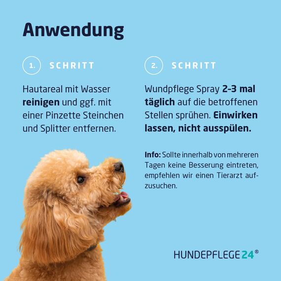 Hundepflege24 Wundspray Hund - Desinfiziert, beruhigt, pflegt & schützt Wunden Aller Art ohne zu Brennen - 125ml mit bewährten Wirkstoffen Wundspray für Hunde - Pflege & Wunddesinfektion Hund