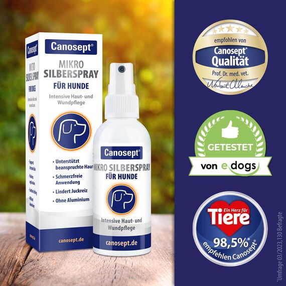 Canosept Mikro Silberspray für Hunde 75ml - Silberspray Hund gegen Juckreiz Hunde - Wundspray Hund - Schmerzfrei für den Welpen - ohne Aluminium & kolloidales Silber - spendet Feuchtigkeit