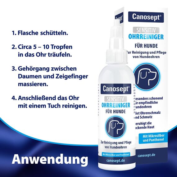 Canosept Sensitiv Ohrenreiniger Hund 75ml - Ohrreiniger für Hunde - Hunde Ohrenreiniger besonders schonend mit Mikrosilber, Panthenol & Hamamelis-Extrakt - Ohrentropfen für empfindliche Hundeohren