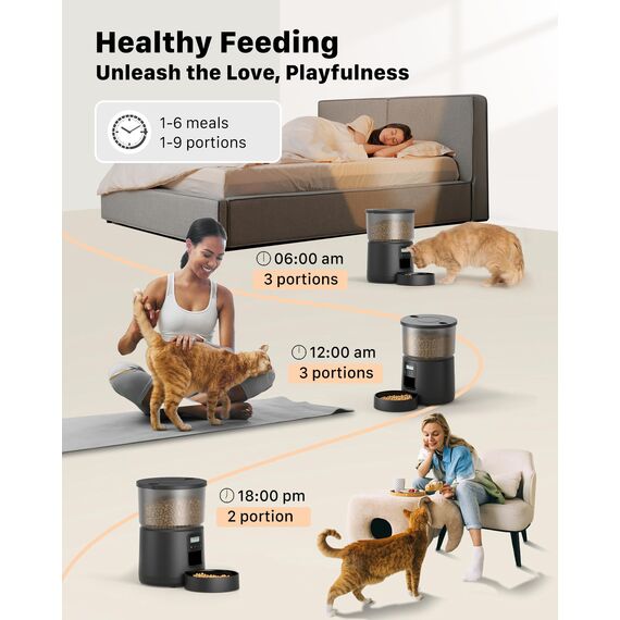 BEMOONY 5L Futterautomat Katze, Katzenfutter Automat mit Programmierbarem Timer, 1-6 Mahlzeiten pro Tag, Futterspender Katze mit Pressedeckel und 10s Aufnahmefunktion(Schwarz)