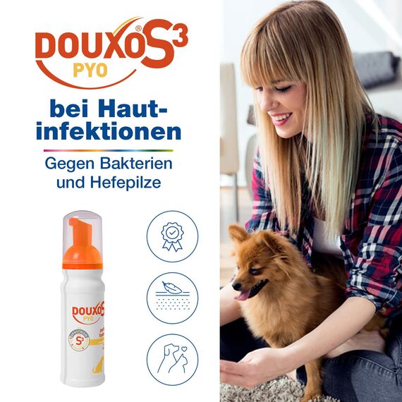 DOUXO S3 PYO Mousse |für Hunde & Katzen |Schaum Pflege gegen Bakterien & Hefepilze | Reinigend & Feuchtigkeitsspendend | Hypoallergener Duft | 150 ml