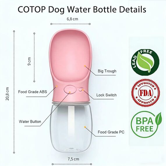 COTOP Tragbare Hund Wasserflasche für Unterwegs, 350ml Haustier Wasserspender Antibakterielle Auslaufsicher Hund Katze Reisen Trinken Flasche Schüssel, Pet Outdoor Trinkbecher (pink)