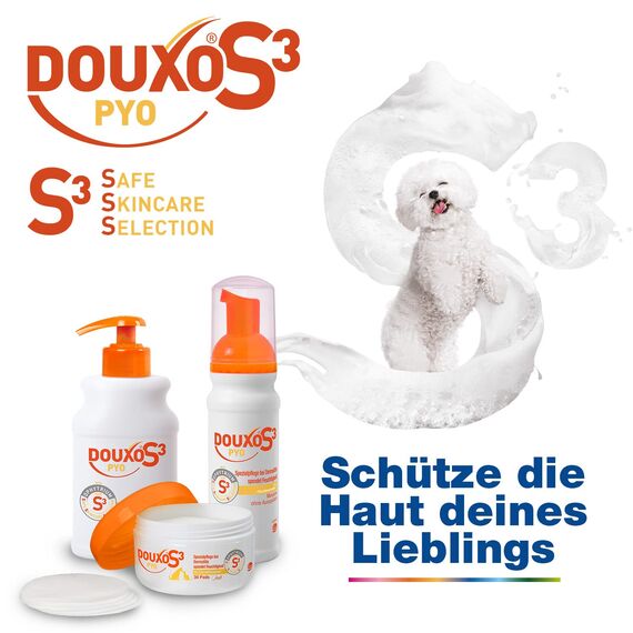 DOUXO S3 PYO Mousse |für Hunde & Katzen |Schaum Pflege gegen Bakterien & Hefepilze | Reinigend & Feuchtigkeitsspendend | Hypoallergener Duft | 150 ml