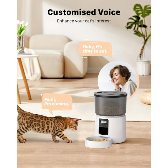 BEMOONY Futterautomat Katze, Katzenfutter Automat mit Programmierbarem Timer, 1-6 Mahlzeiten pro Tag, Futterspender Katze mit Pressedeckel und 10s Aufnahmefunktion, 3L(Weiß)